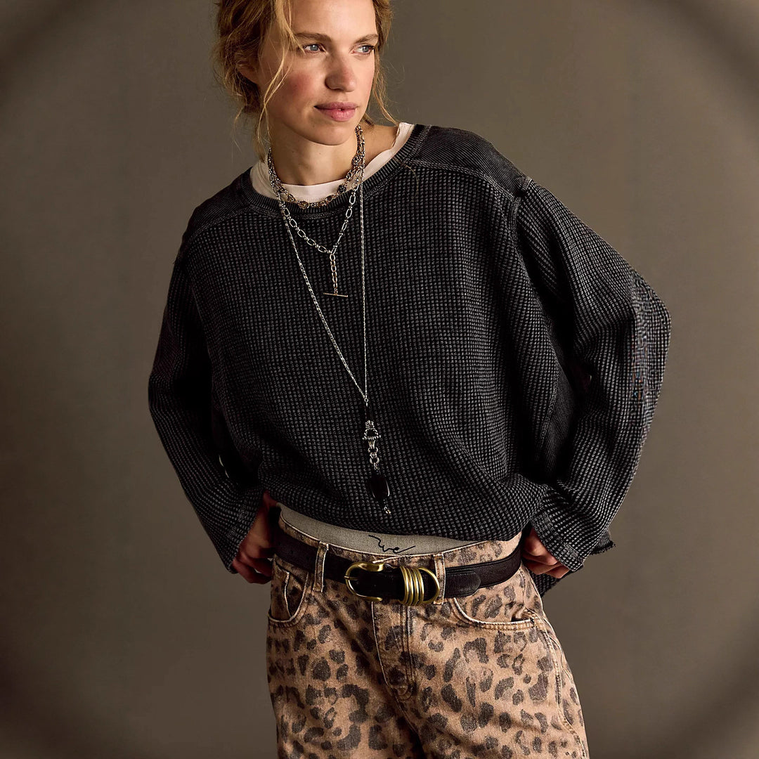 Damen Oversized Waffelstrick-Pullover mit weitem Schnitt und tiefem Raglan Drune