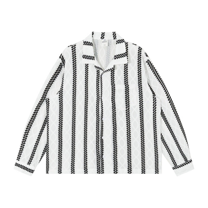 Unisex Leichte Hemdjacke mit Camp-Kragen, Relaxed‑Fit und vertikalem Zopfstreifenmuster Drune