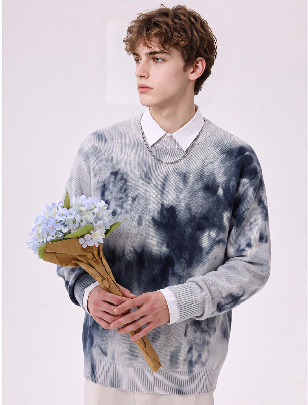 Herren Oversize-Strickpullover mit Batikoptik, Rundhalsausschnitt und Rippbündchen Drune