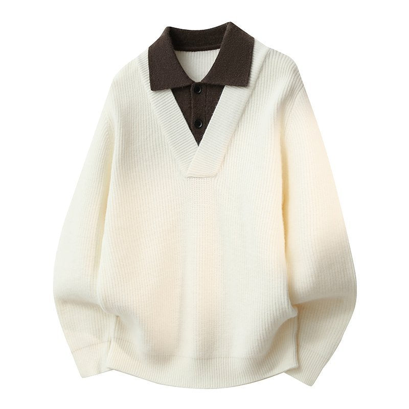 Damen Modischer Grobstrickpullover mit V-Ausschnitt und Kragen Drune
