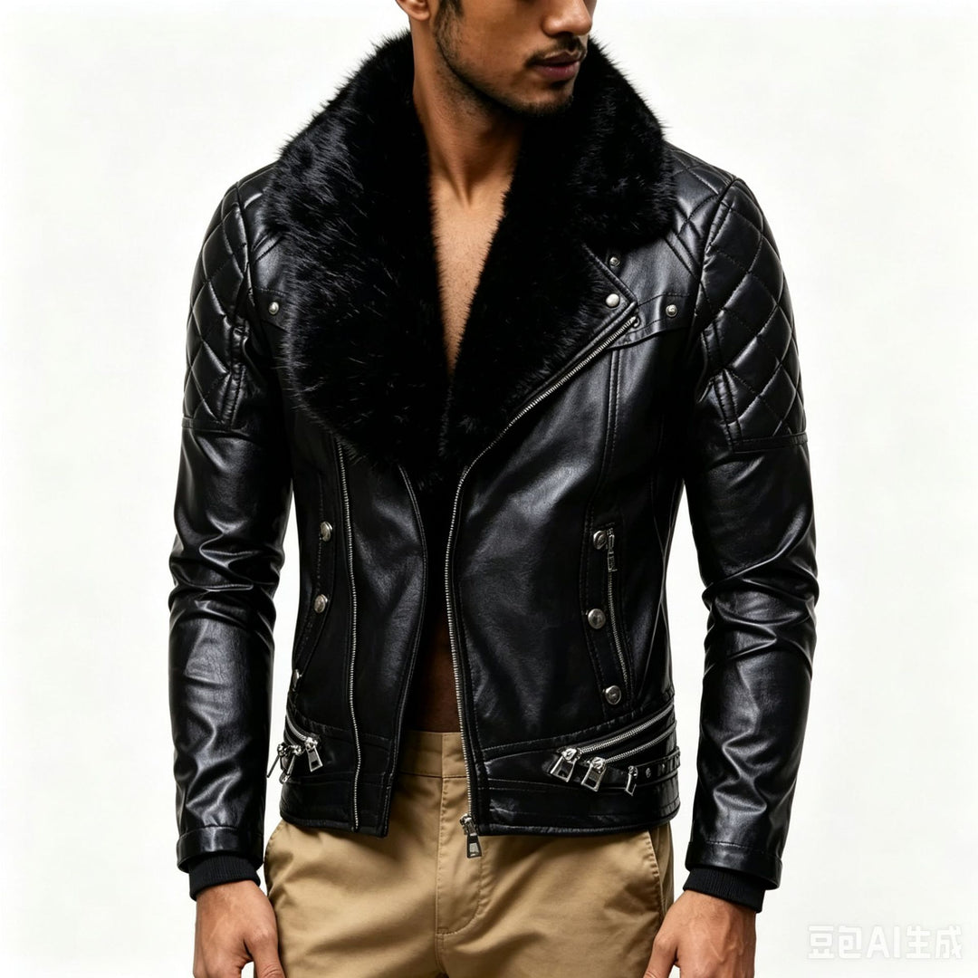 Herren Biker-Lederjacke mit gesteppter Schulter, voluminösem Fellkragen und Zierreißverschlüssen Drune