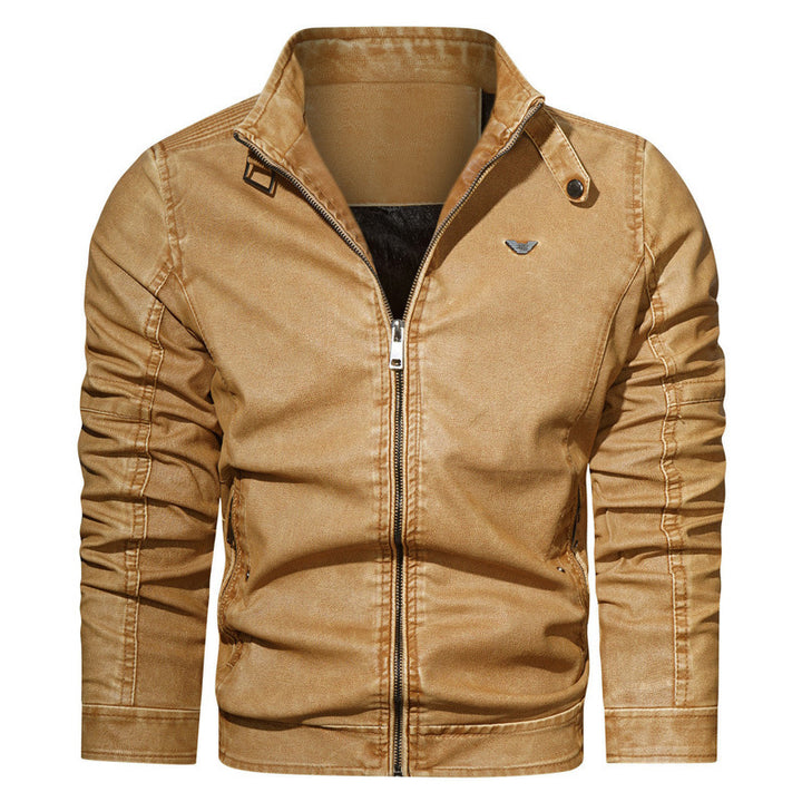 Herren Vintage-Kunstleder-Pilotenblouson mit verstellbarem Stehkragen und Reißverschlusstaschen Drune