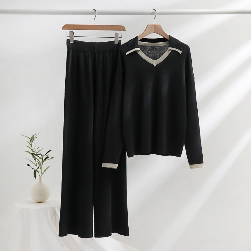 Damen gemütliches Strick-Loungewear-Set mit kontrastierendem Kragen und weitem Bein Drune