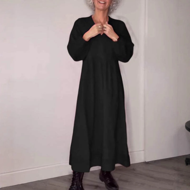 Damen Freizeit Viskose Maxi Kleid mit V-Ausschnitt, Taillennaht und Ballonärmeln Drune