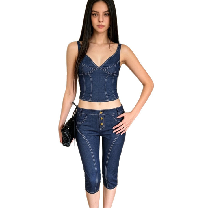 Damen Komfortable Caprijeans mit dekorativen Knöpfen Drune