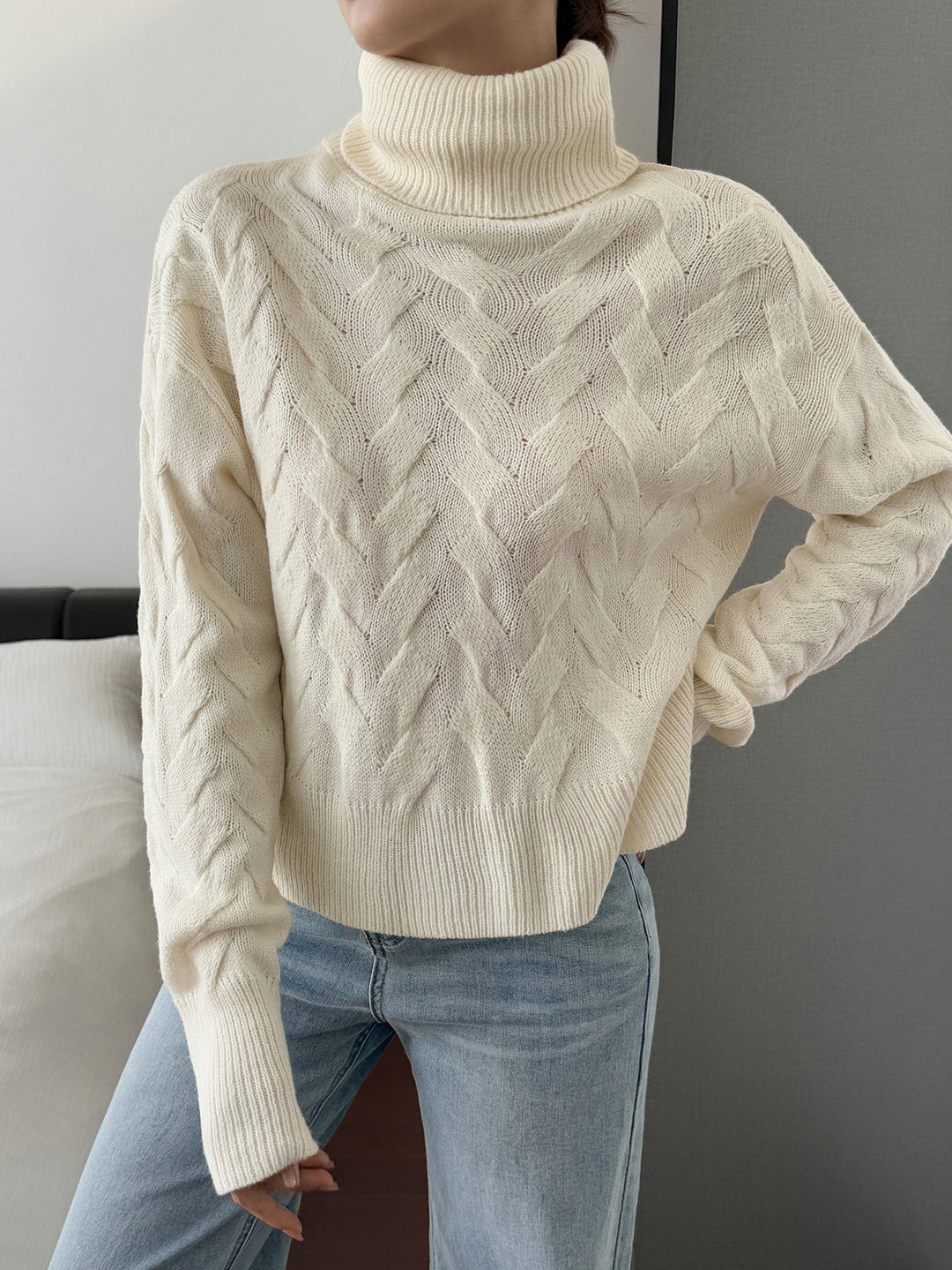 Damen nan grobstrick Rollkragenpullover mit Zopfstruktur, oversized Schnitt und längeren Ärmeln Drune