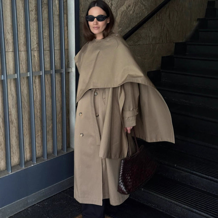 Damen Midilanger Trenchcoat mit ponchoartigem Cape-Überwurf & kastiger Silhouette Drune