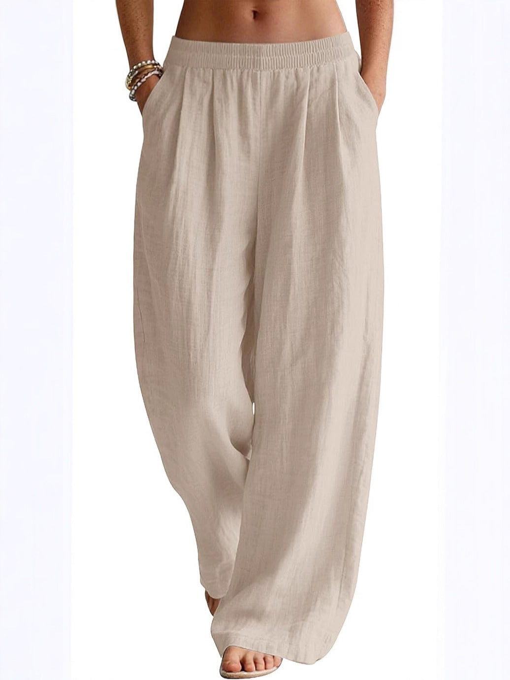 Damen Weite Leinenhose mit elastischem Bund und seitlichen Eingrifftaschen Drune