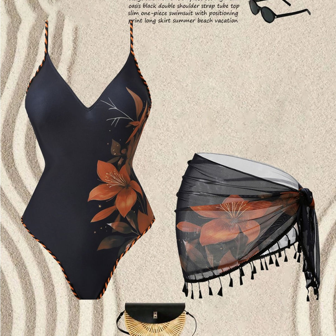 Damen Mode-Badeanzug mit floralem Design und transparentem Wickelrock Drune