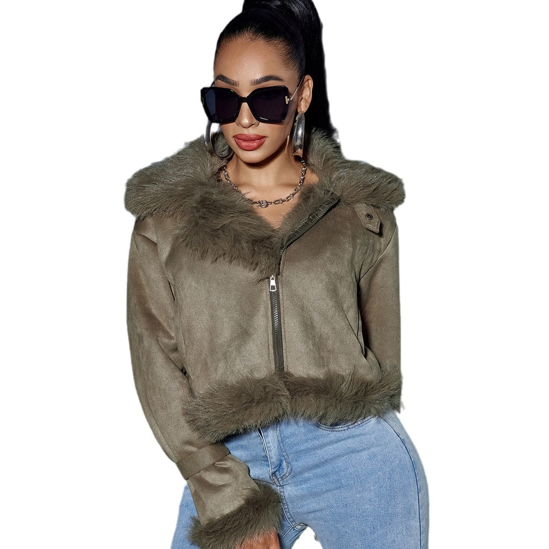 Damen Kurzjacke aus Wildlederoptik mit Fellbesatz, Kapuze & Reißverschluss Drune