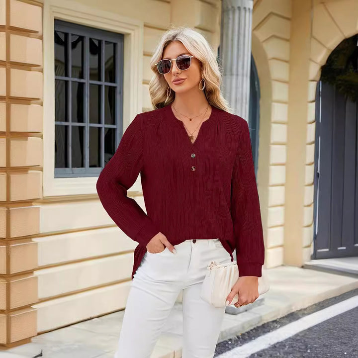 Damen Langarm Bluse mit klarer Struktur und Knopfdetails Drune