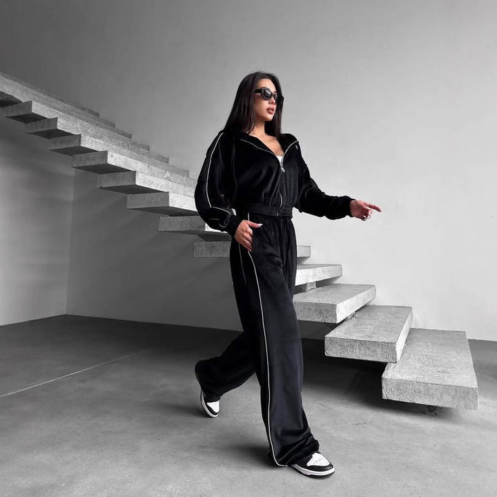 Damen Samt-Lounge-Set mit verkürzter Zip-Hoodie und weitem High-Waist Jogger Drune