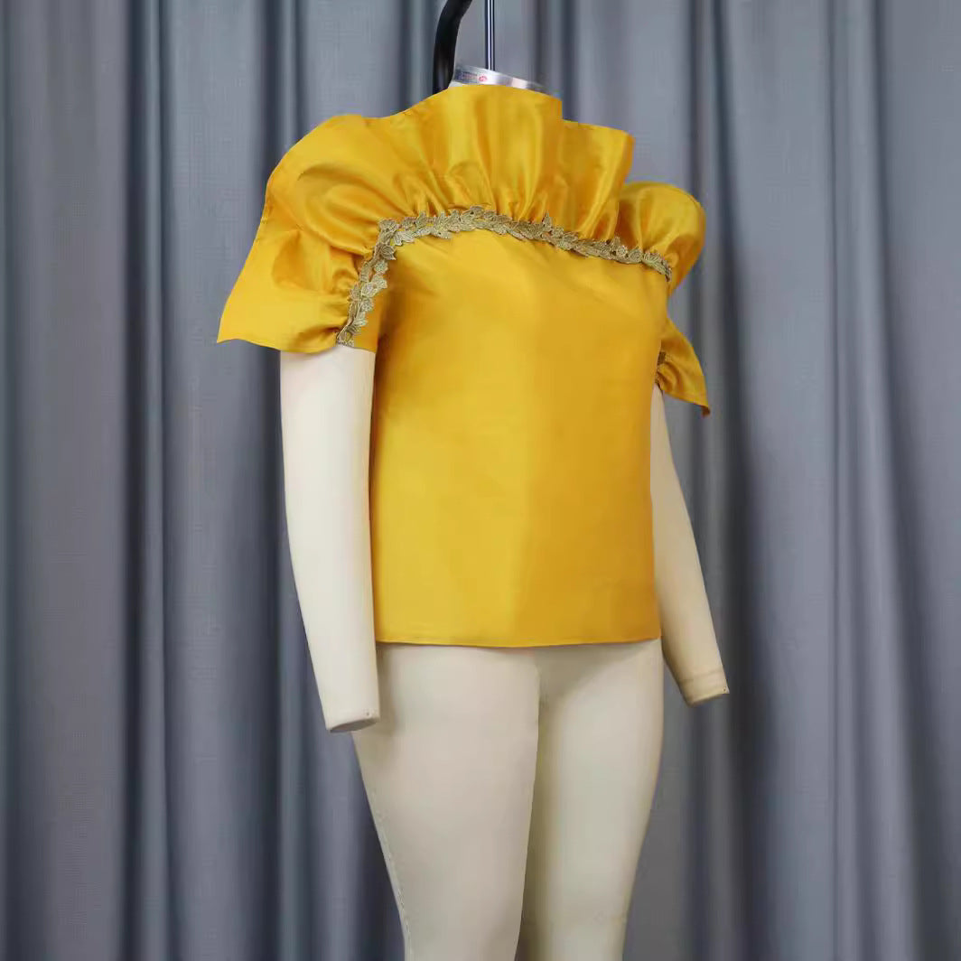 Damen Elegantes Oberteil mit voluminösen Puffärmeln und zarten Spitzenakzenten Drune