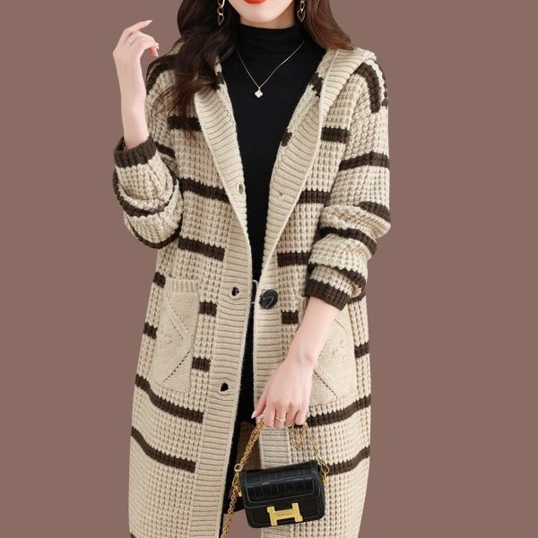 Damen lange Strickjacke mit Kapuze und gestreiftem Muster Drune