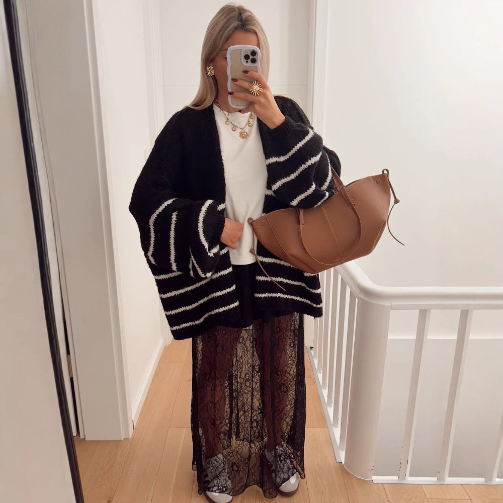 Damen Gemütliche Strickjacke mit Streifenmuster und weit geschnittenen Ärmeln Drune