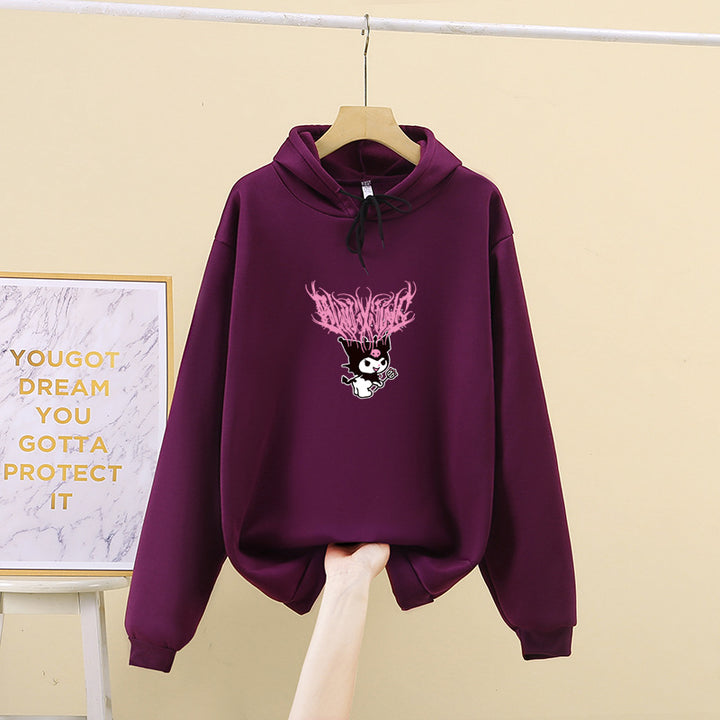 Damen nan Kapuzenpullover mit Gothic‑Kawaii Print, Oversize‑Schnitt und weichem Fleeceinnenfutter Drune