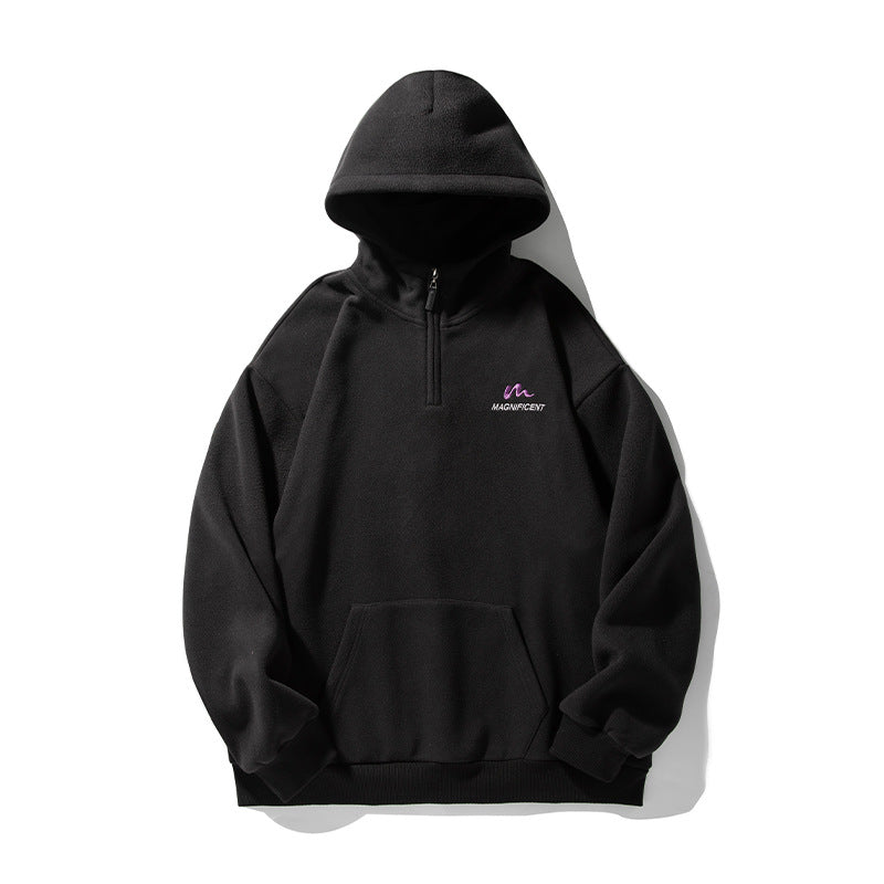 Unisex Fleece-Halbzip-Kapuzenpullover mit Kängurutasche und geripptem Saum Drune