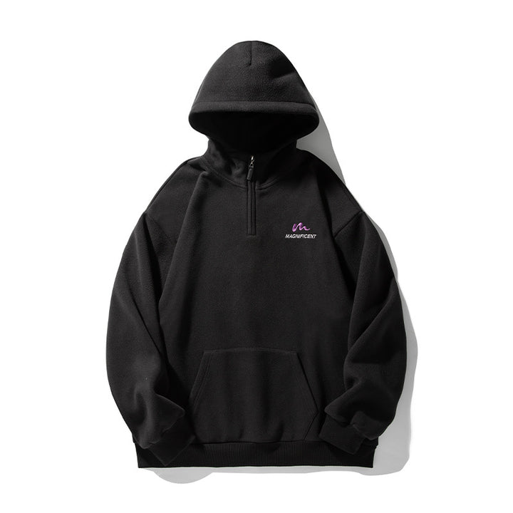 Unisex Fleece-Halbzip-Kapuzenpullover mit Kängurutasche und geripptem Saum Drune