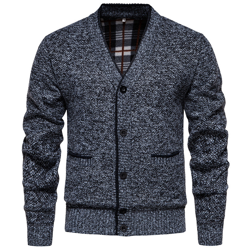 Herren Strukturierter V-Ausschnitt Strickcardigan mit kontrastierter Kante und kariertem Innenbesatz Drune