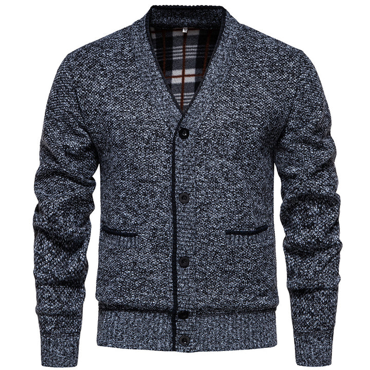 Herren Strukturierter V-Ausschnitt Strickcardigan mit kontrastierter Kante und kariertem Innenbesatz Drune