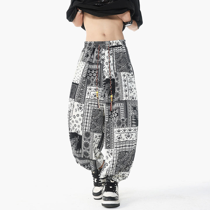Damen nan lässige Pluderhose im Ethno-Print mit elastischem Bund, Kordelzug und gesmokten Bündchen Drune