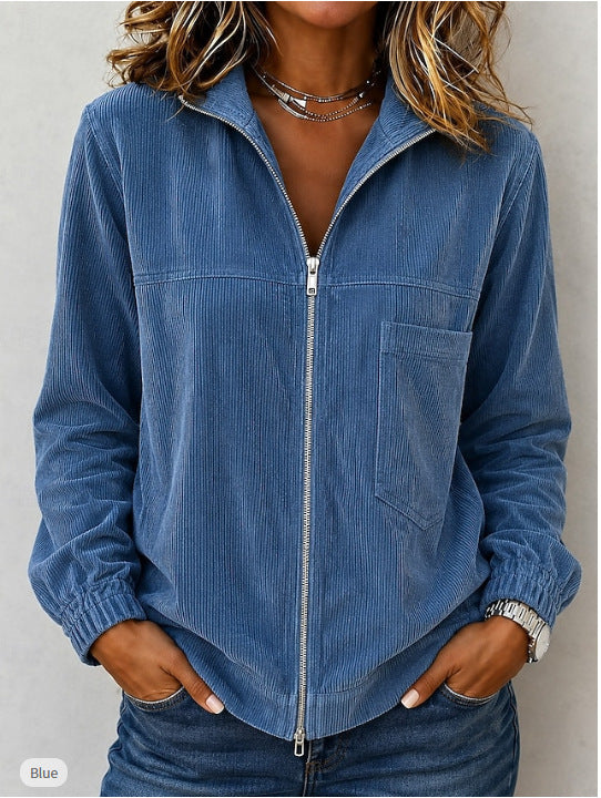 Damen Cordjacke mit Reißverschluss, Stehkragen und aufgesetzter Brusttasche Drune
