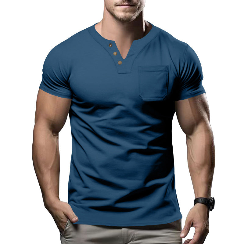 Herren nan körperbetontes Baumwollstretch-Kurzarmshirt mit Split-V-Ausschnitt dekorativer Knopfleiste und Brusttasche Drune