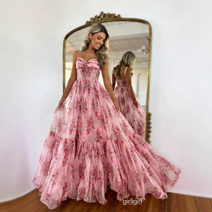 Damen Maxikleid mit floralem Tüll und voluminösem Rock Drune