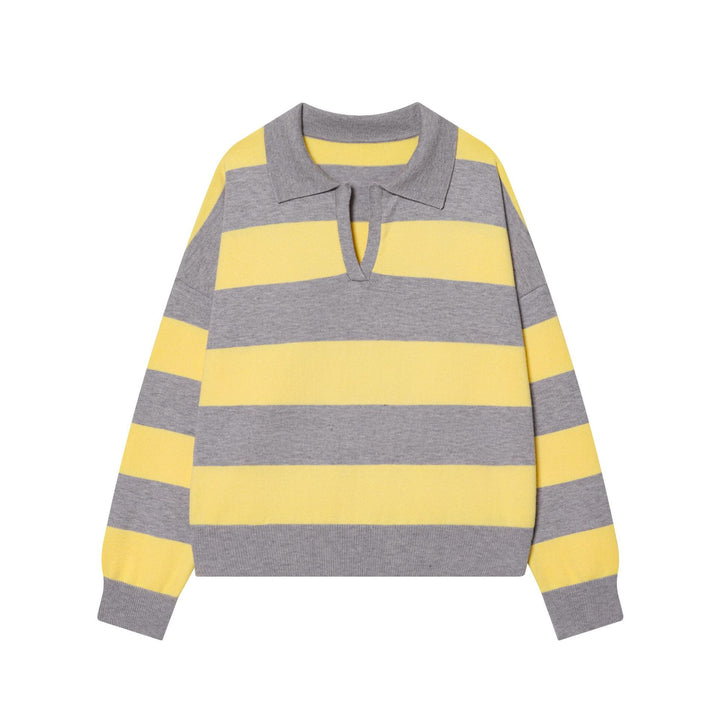 Damen nan gestreifter Rugby-Pullover mit Polokragen und tiefem V-Schlitz Drune