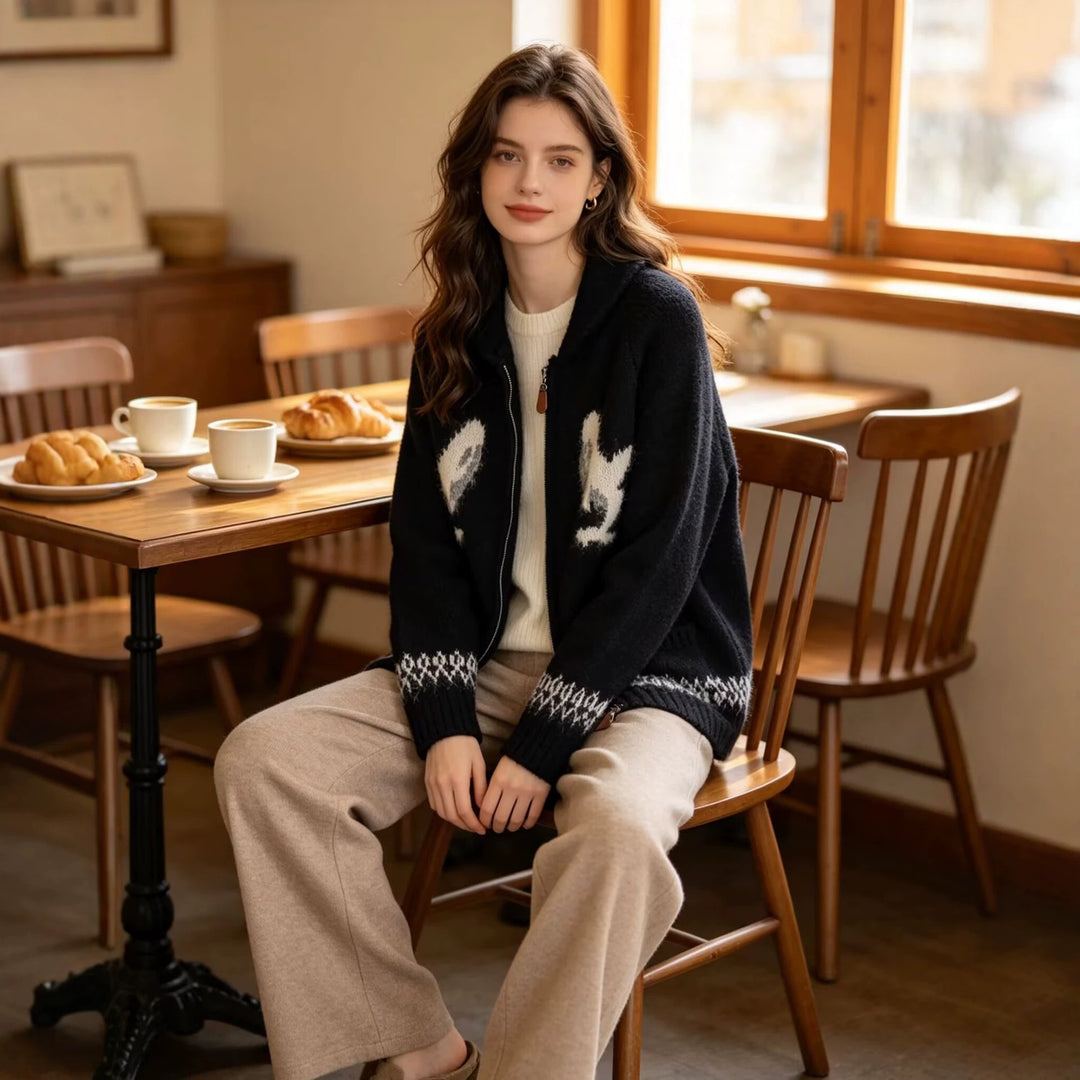 Damen Grobgestrickte Zip-Cardigan mit Schalkragen und Intarsienmotiv Drune
