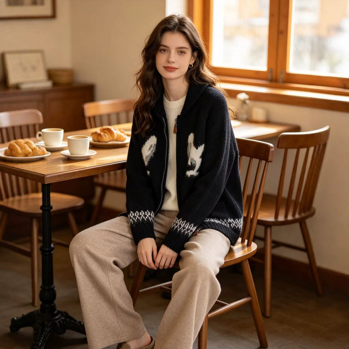 Damen Grobgestrickte Zip-Cardigan mit Schalkragen und Intarsienmotiv Drune