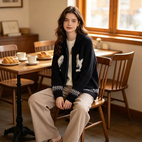 Damen Grobgestrickte Zip-Cardigan mit Schalkragen und Intarsienmotiv Drune