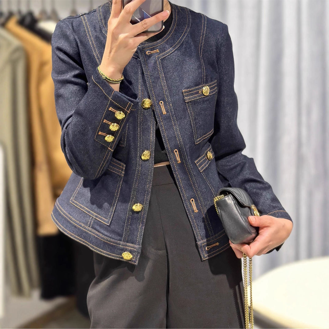 Damen Modische Denimjacke mit goldenen Knöpfen Drune
