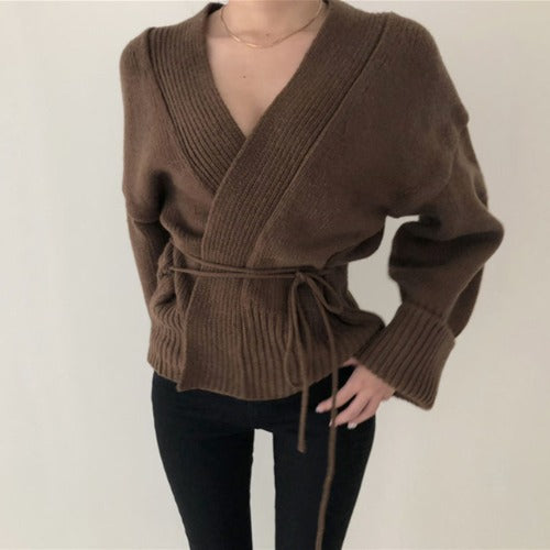 Damen Wickelstrickjacke mit binde Gürtel und hochgezogenem Kragen Drune