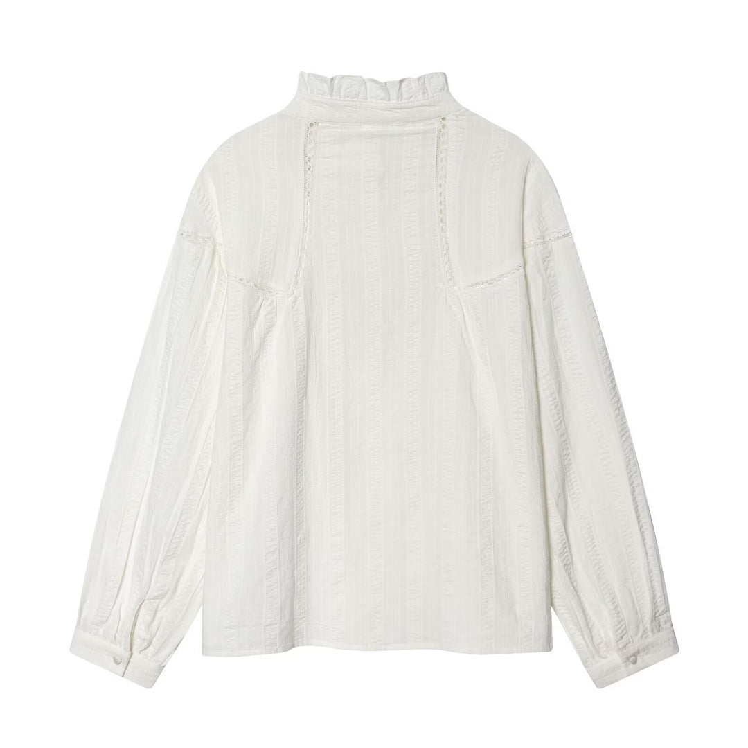 Damen Lockeres Vintage-Bluse mit Stehkragen, Spitzeinsätzen und Ballonärmeln Drune
