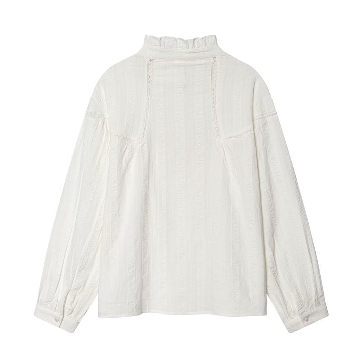Damen Lockeres Vintage-Bluse mit Stehkragen, Spitzeinsätzen und Ballonärmeln Drune