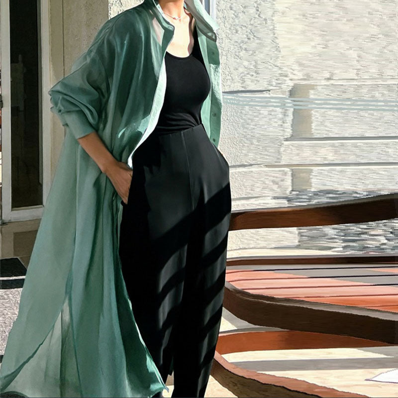 Damen Oversize Hemdblusen-Mantel mit Brusttasche, Seitenschlitz und fließender Leinenoptik Drune