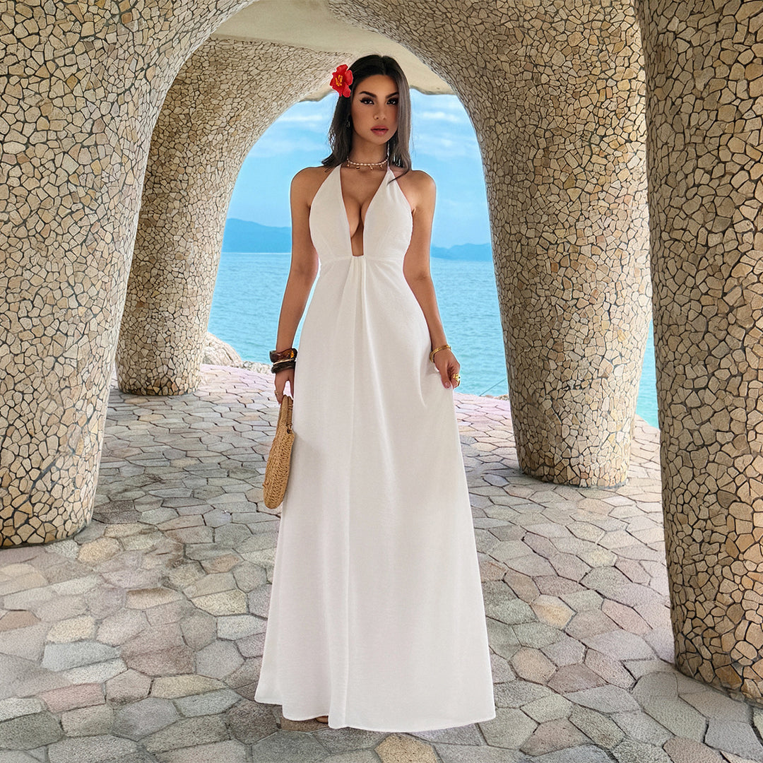 Damen Maxi-Urlaubs- und Strandkleid mit tiefem V-Ausschnitt und Rückenlöcher Drune