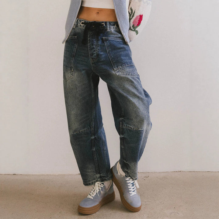 Damen nan lässige Cargo-Denim Culotte mit Kordelbund und großen aufgesetzten Taschen Drune