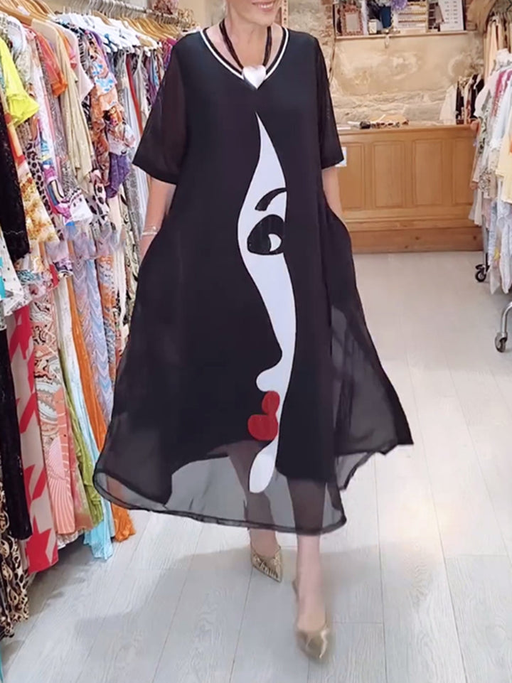 Damen nan luftiges Chiffon-Maxikleid mit grafischem Gesichtsprint, V-Ausschnitt und seitlichen Eingrifftaschen Drune