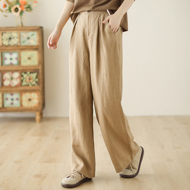 Damen weite Leinenhose mit eleganter Bundfalte und Taschen Drune