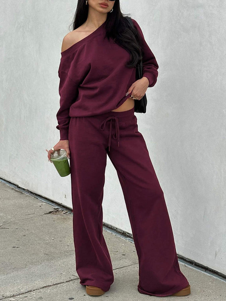 Damen Lässiges Off-Shoulder Lounge-Set aus French-Terry mit weitem Bein und Kordelzug Drune