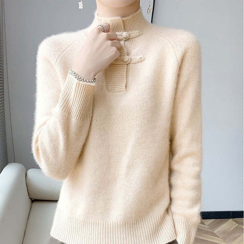 Damen Kaschmir‑Optik Mockneckpullover mit dekorativer KnDruneelknopfblende Drune