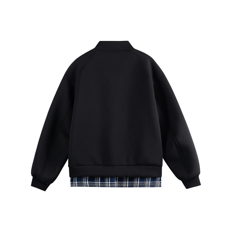 Damen Zwei‑in‑Eins Bomber‑Sweatjacke mit Karo‑Layer‑Einsatz und Stehkragen Drune