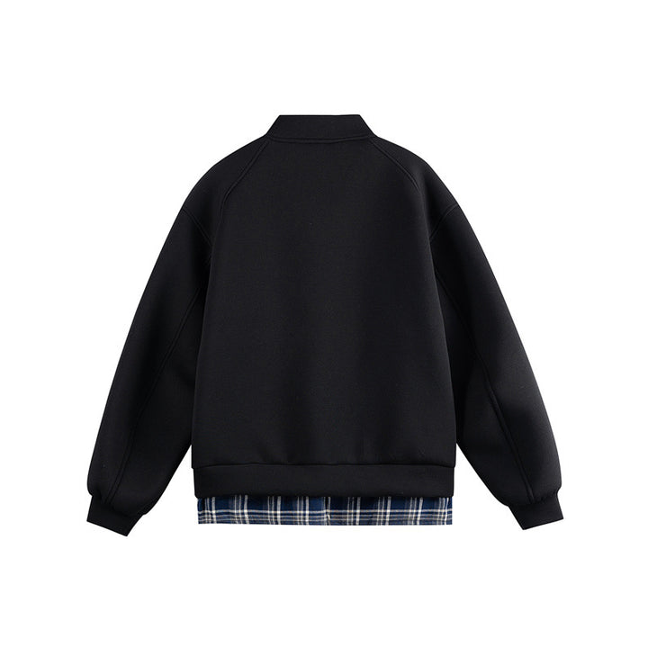 Damen Zwei‑in‑Eins Bomber‑Sweatjacke mit Karo‑Layer‑Einsatz und Stehkragen Drune