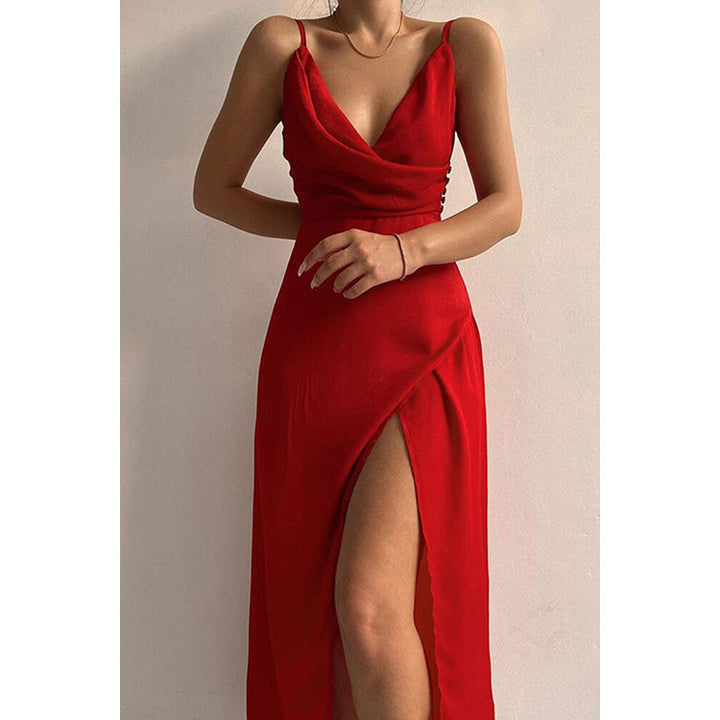 Damen elegantes Maxikleid mit tiefem Wickelausschnitt und seitlichem Schlitz Drune