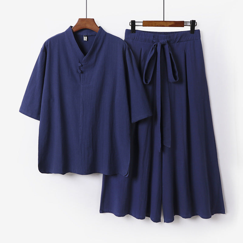 Unisex Zweiteiliges Kimono-Lounge-Set mit Stehkragen Kurzarmtop und weiter Bindbundhose Drune