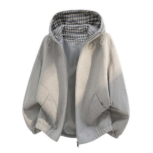 Damen oversized Fleecejacke mit Kapuze und karierter Innenfütterung Drune