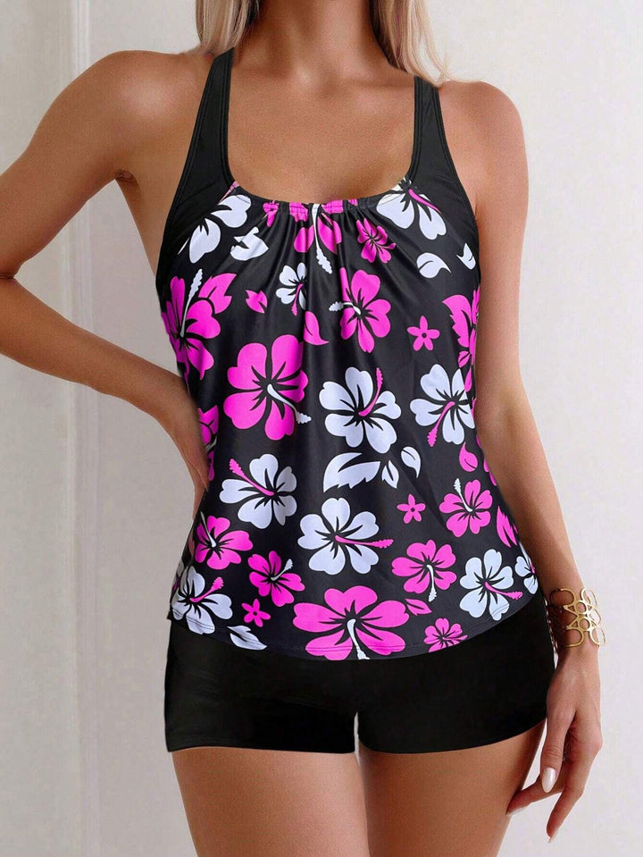 Damen Sportliches Tankini-Set mit floralen Akzenten Drune