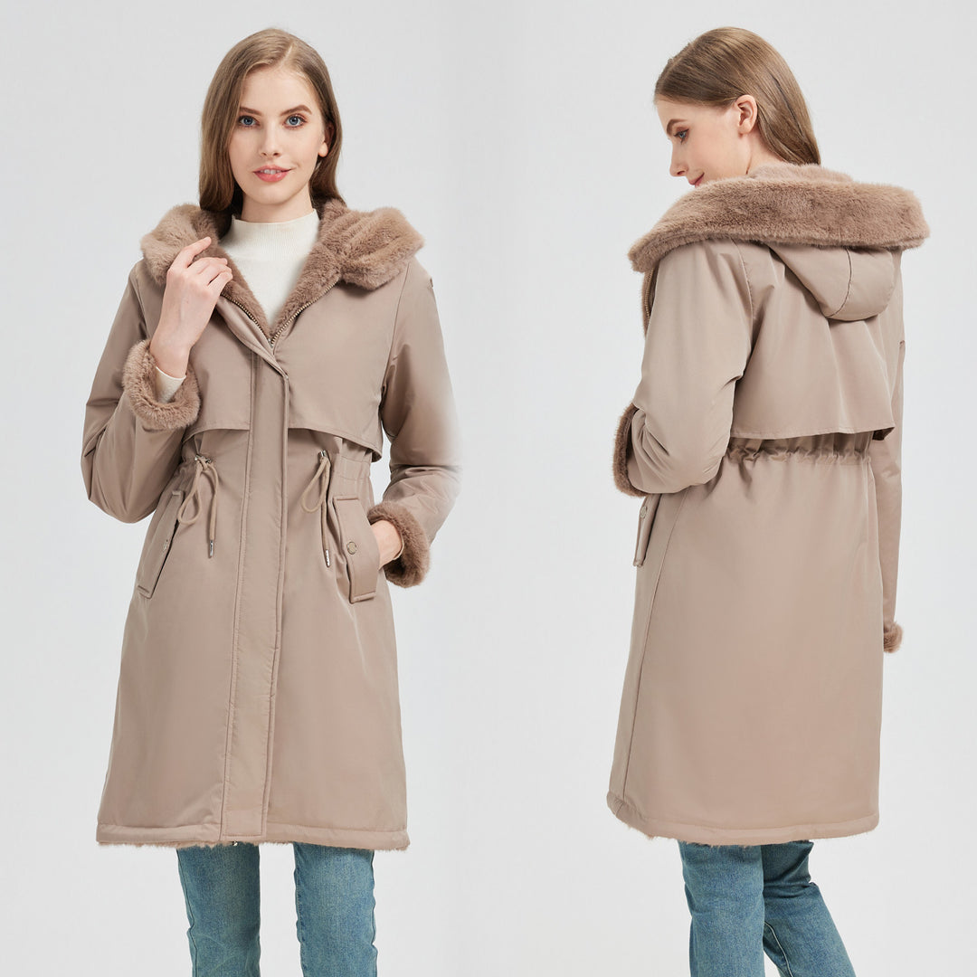 Damen nan langer Parka mit abnehmbarer Kunstfellkapuze und taillenverstellendem Kordelzug Drune